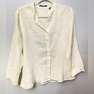 Liz Claiborne Linen Button Down Embroidered Cream Blouse Size M